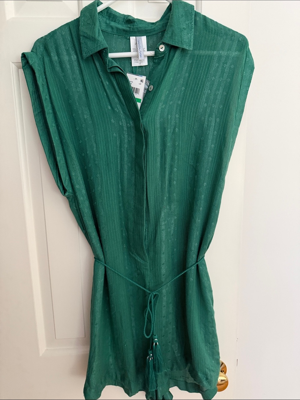 Sleeveless Green Shirt Dress shorts with Tassel Tie